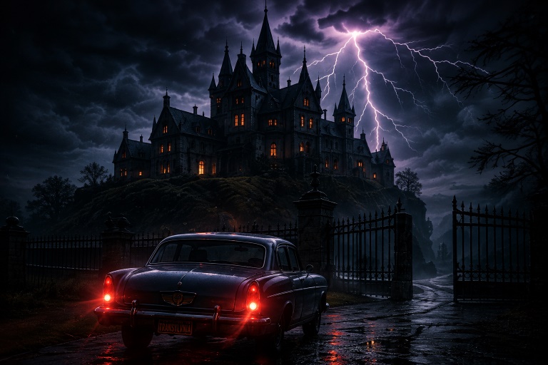 Una noche de tormenta frente a un castillo
